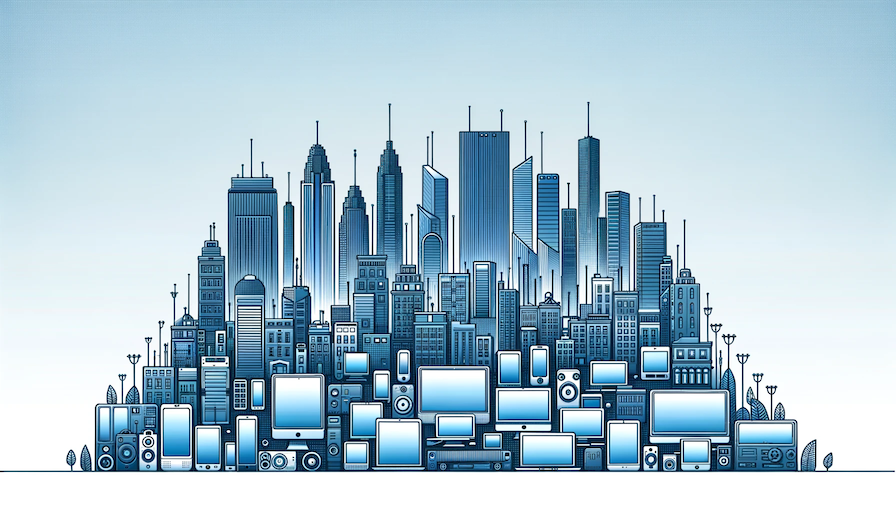 A city landscape made of electronics devices in the front and buildings in the back.